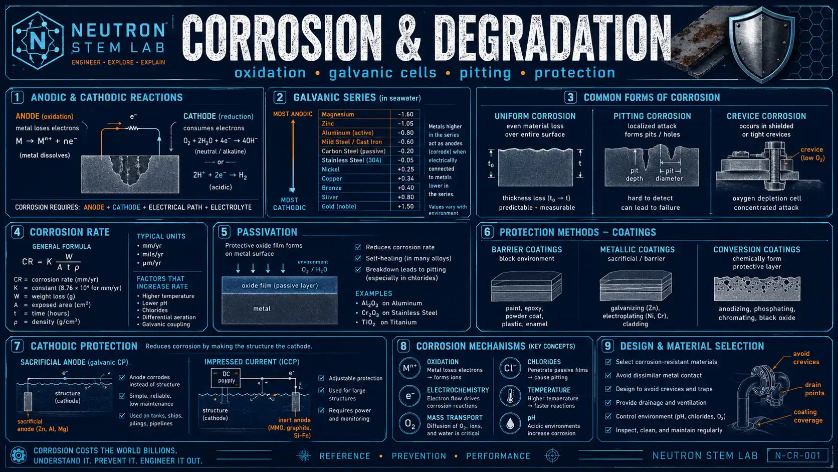 Corrosion & Degradation: labelled diagrams and key equations for corrosion, oxidation, aging, and coatings.
