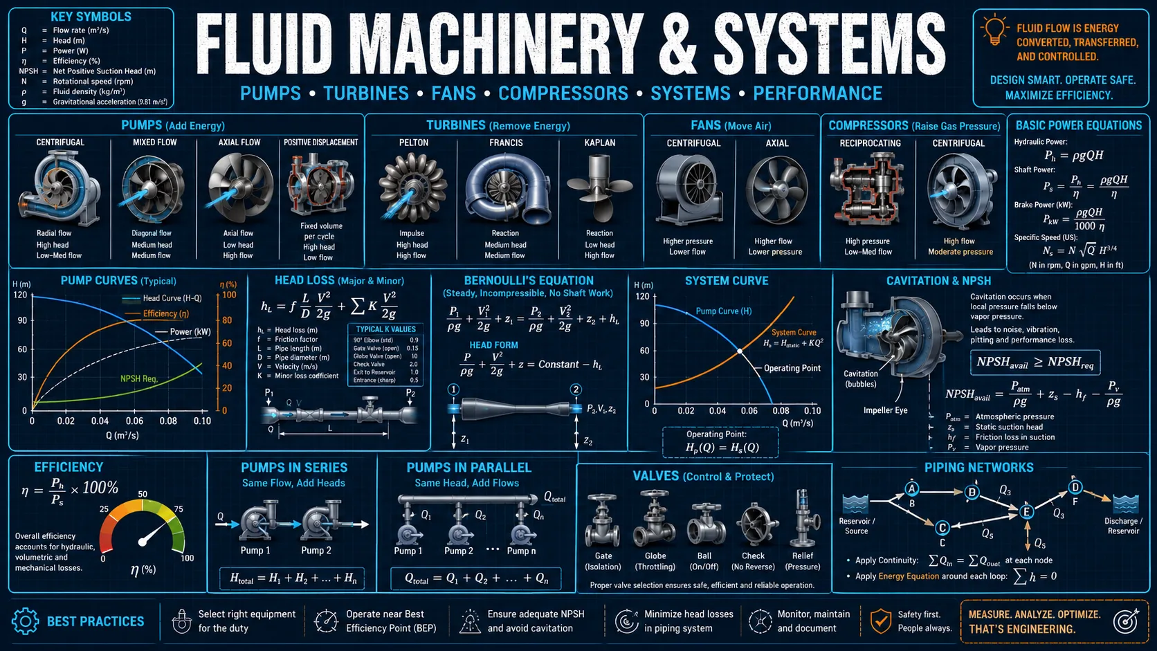 Fluid Machinery & Systems: labelled diagrams and key equations for pumps, turbines, hydraulics, and fans.