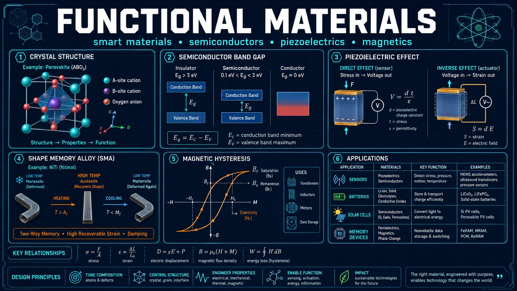 Functional Materials: labelled diagrams and key equations for thermal properties, electrical properties, dielectrics, and magnetism.