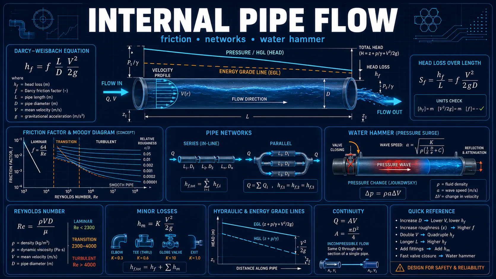 Internal Pipe Flow: labelled diagrams and key equations for pipes, friction, head loss, and water hammer.