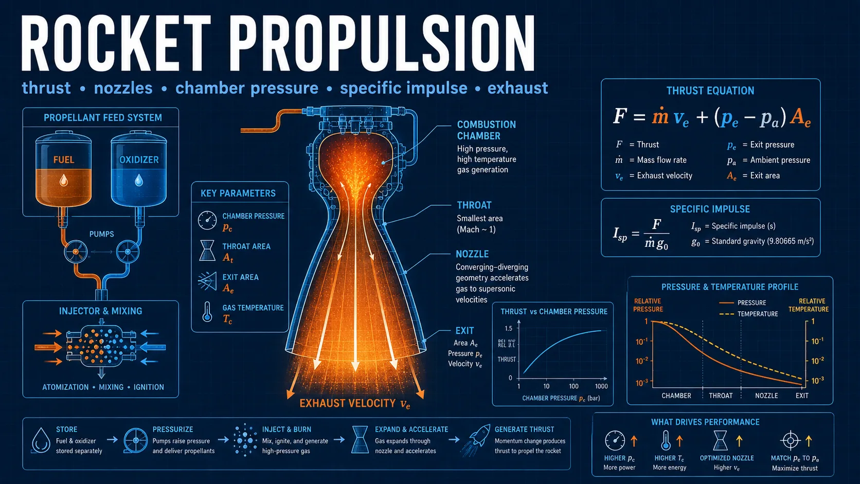 Rocket Propulsion: labelled diagrams and key equations for rocket propulsion, thrust, specific impulse, and nozzles.