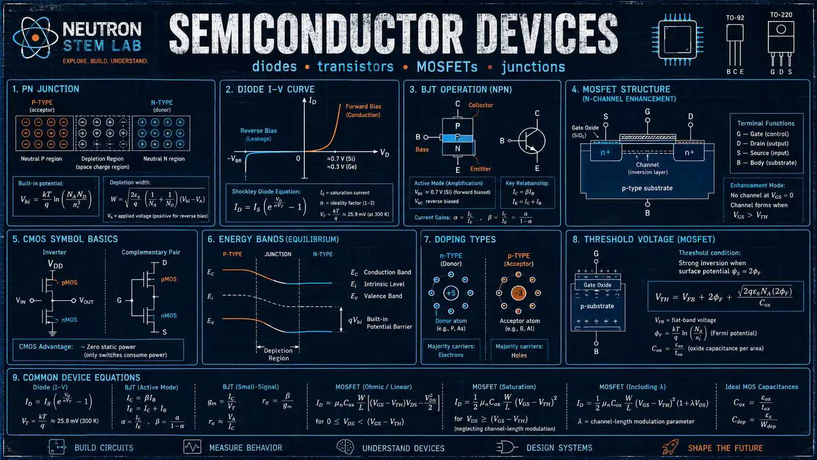 Semiconductor Devices: labelled diagrams and key equations for electronics, semiconductors, diodes, and BJT.