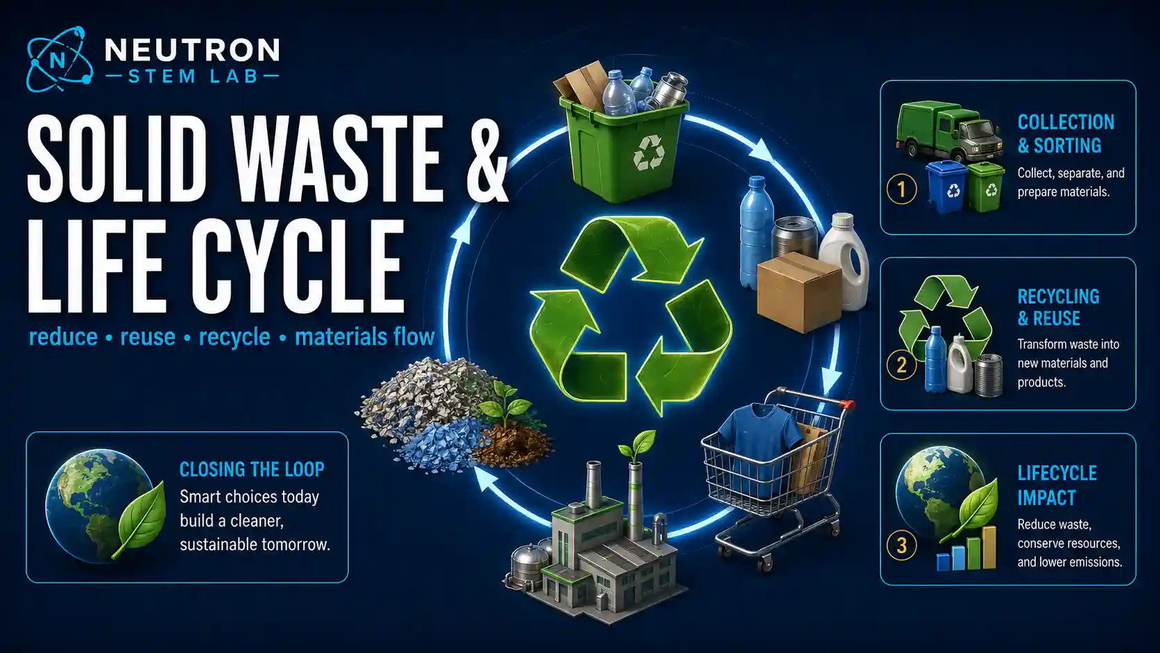 Solid Waste & Life Cycle: labelled diagrams and key equations for solid waste, recycling, landfill, and life cycle.