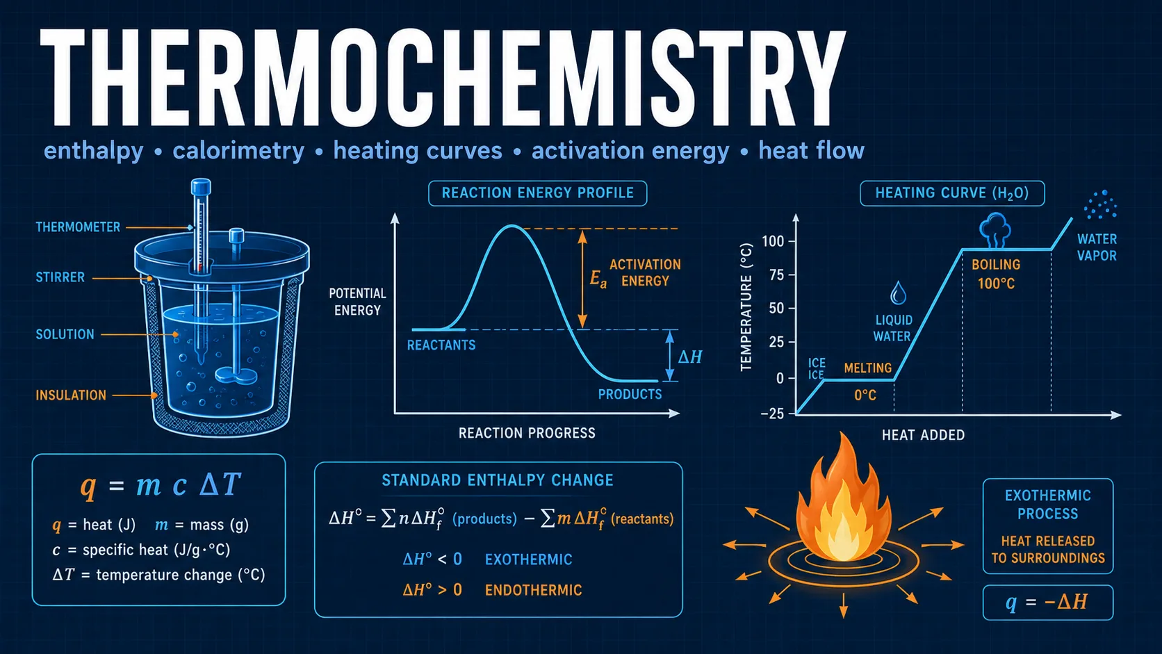 Thermochemistry: labelled diagrams and key equations for thermochemistry, calorimetry, enthalpy, and Hess law.